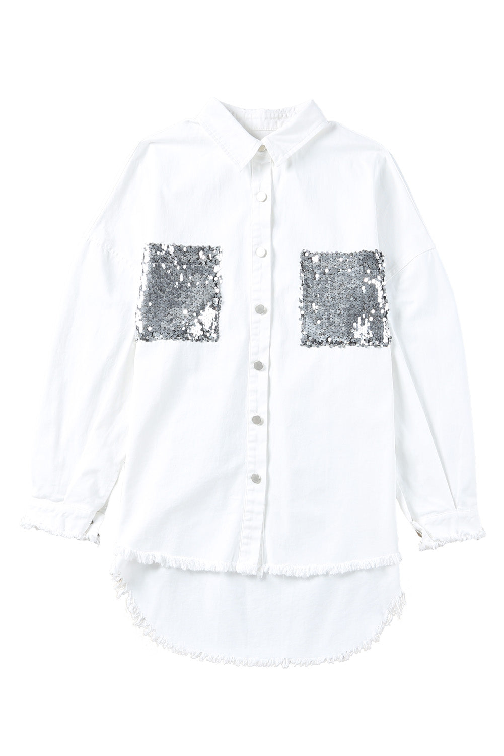 White Sequin Pockets BF Distressed Shacket