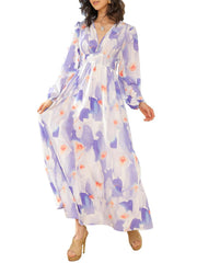 Orange Plus Size Floral Print V Neck Wrap Side Slit Maxi Dress