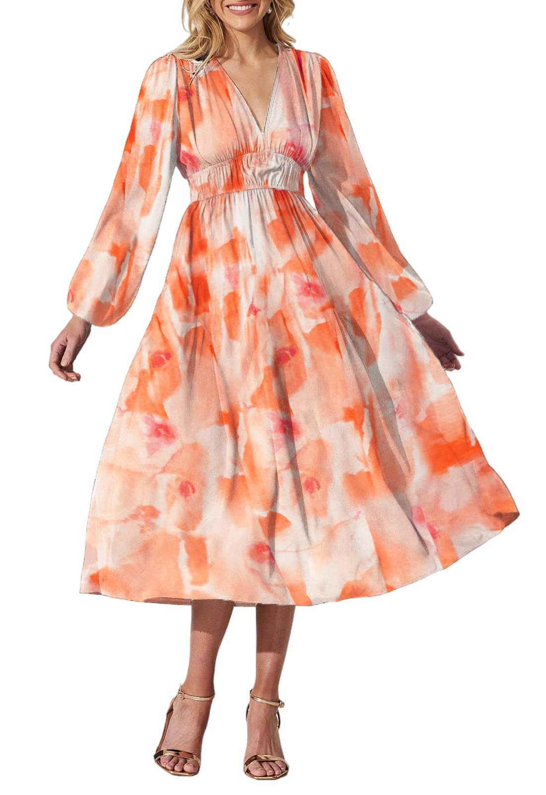 Orange Plus Size Floral Print V Neck Wrap Side Slit Maxi Dress
