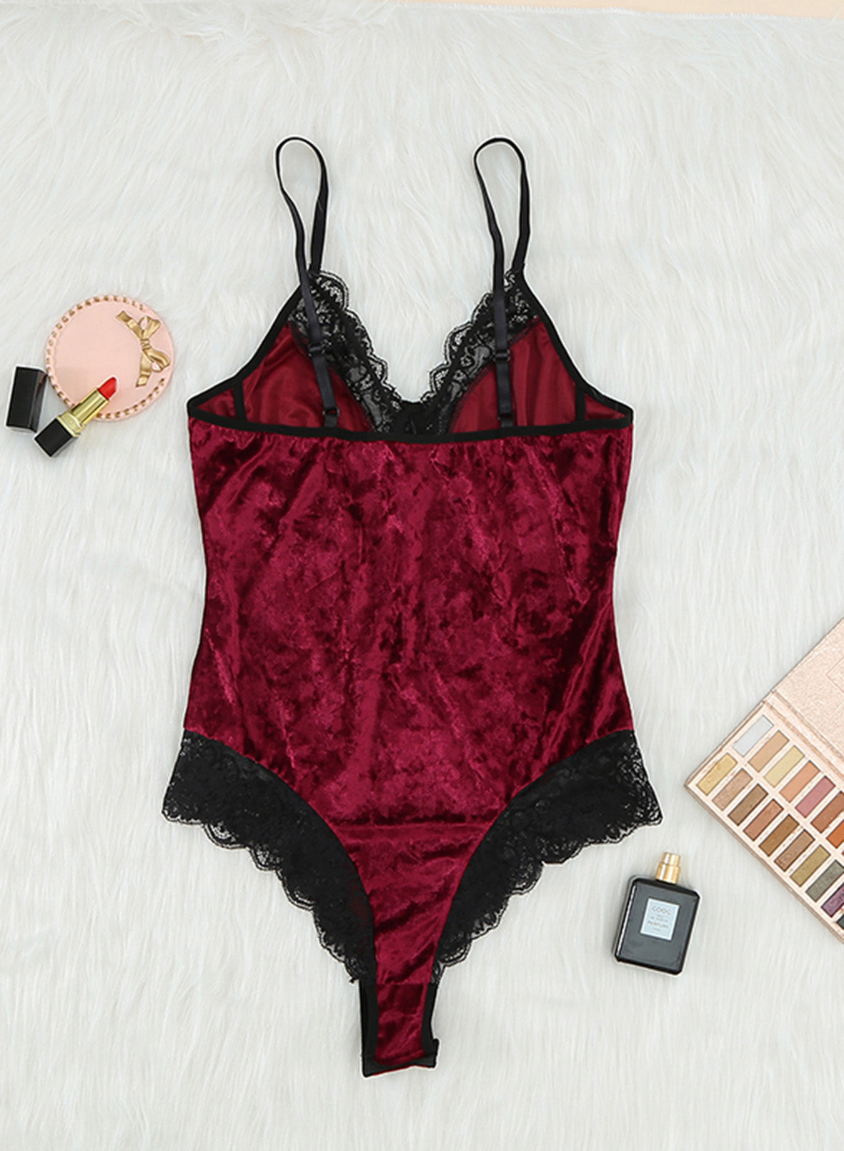 Red Velvet Lace Mesh Stitching Sexy Teddy Lingerie
