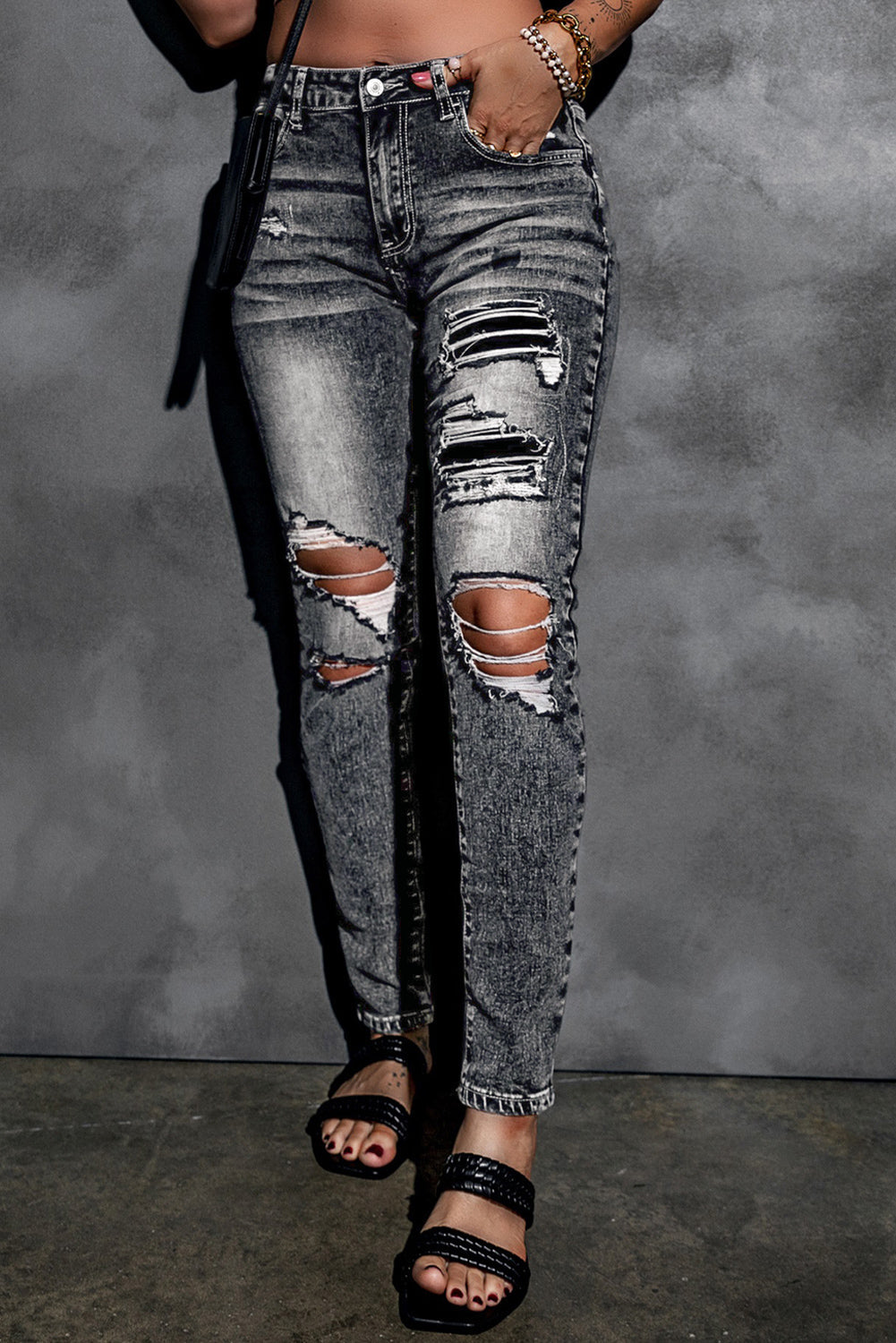 Gray Acid Wash High Rise Ripped Skinny Jeans