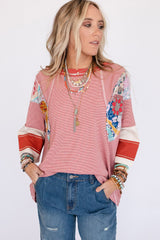 Red Pinstriped Color Block Patchwork Oversized Top