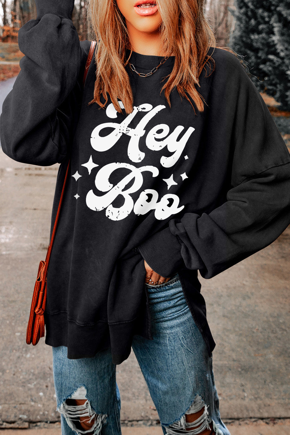 Black Hey Boo Print Drop Sleeve Side Split Oversized Sweatshirt