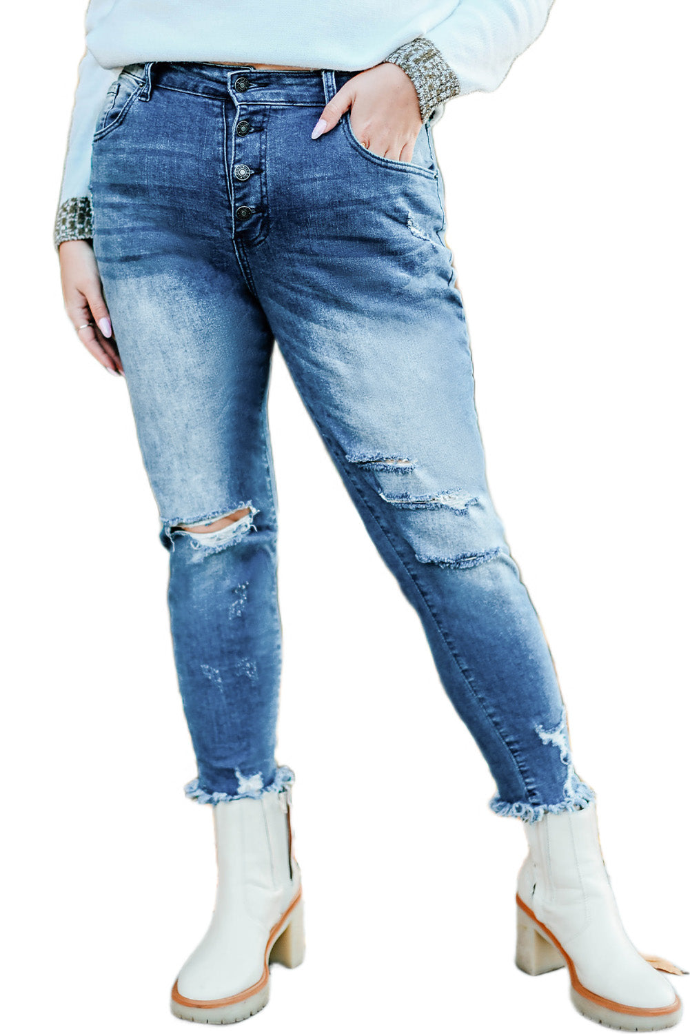 Blue Plus Size High Rise Buttons Skinny Jeans