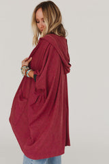 Red Bracelet Sleeve Pocketed Open Front Hooded Cardigan