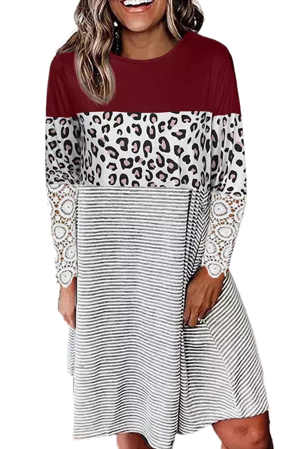 Black Striped Leopard Patchwork Lace T Shirt Dress