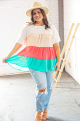 Ivory & Peach Woven Crepe Tiered Dolman Blouse