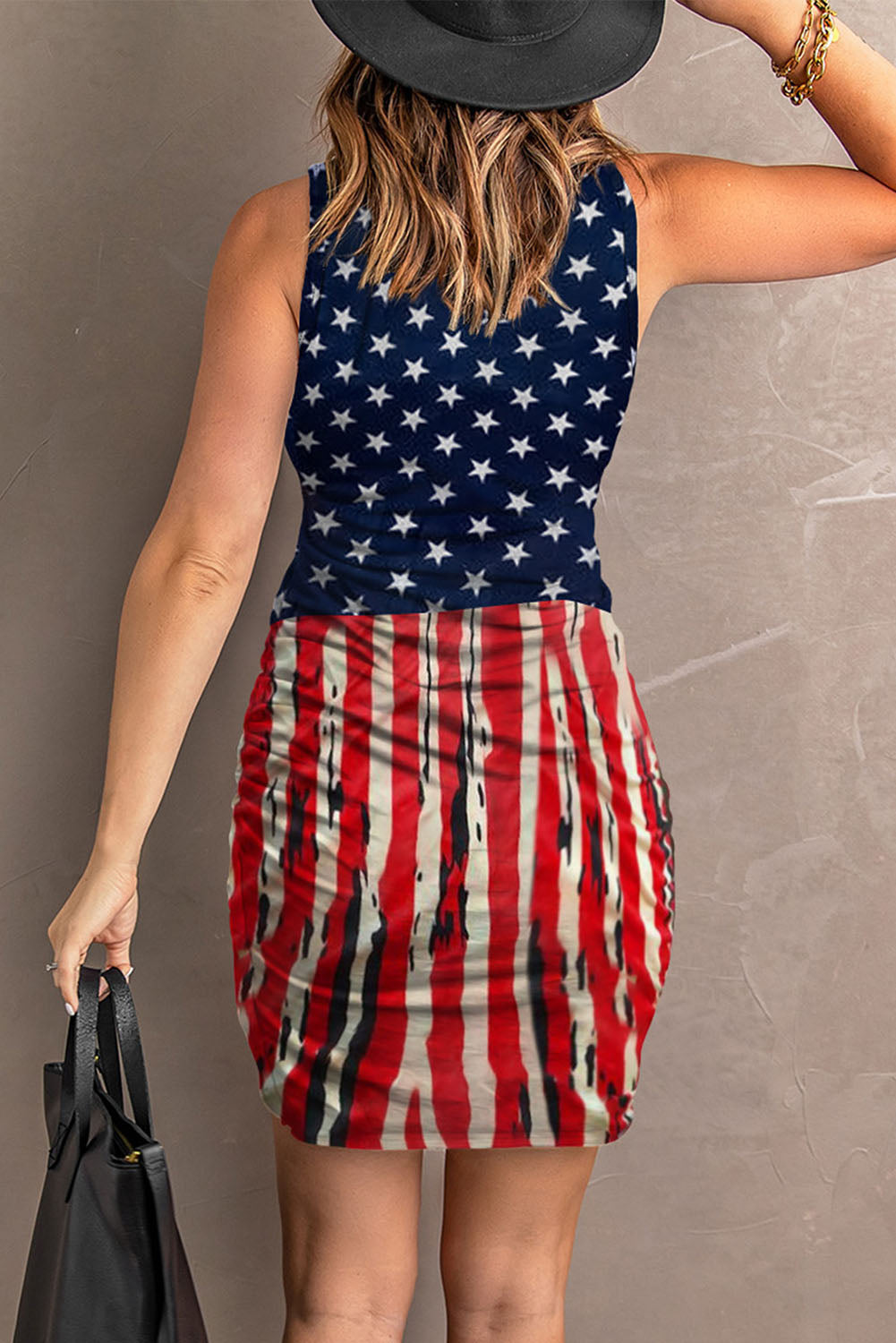 Red Stars Stripes USA Flag Print Wrapped Sleeveless Dress