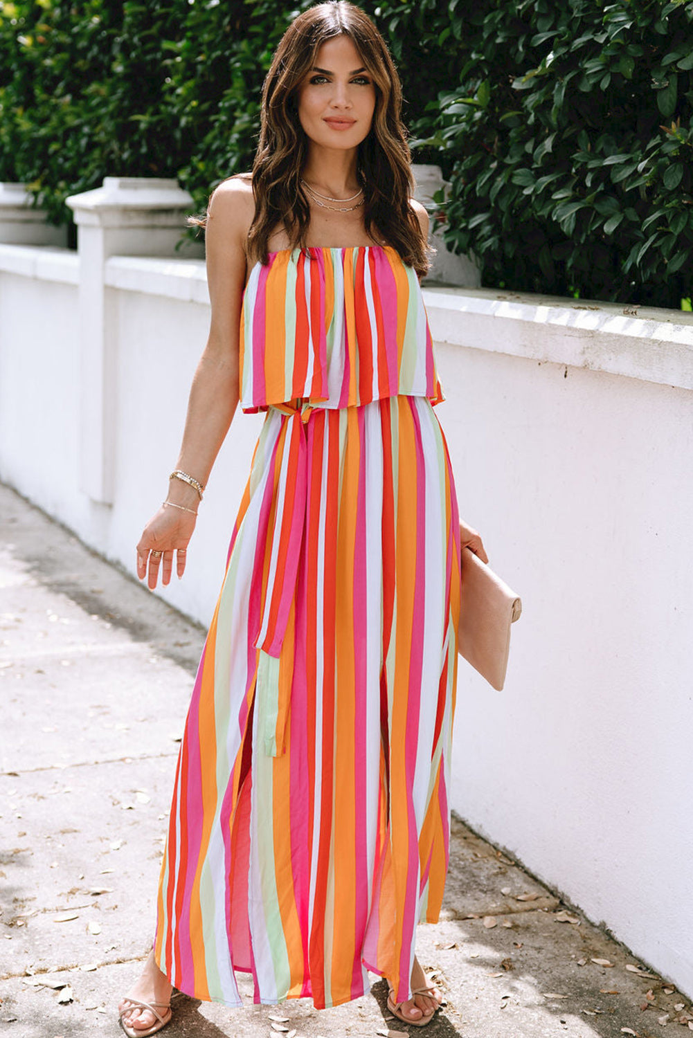 Stripe Overlay Strapless Maxi Dress with Slits
