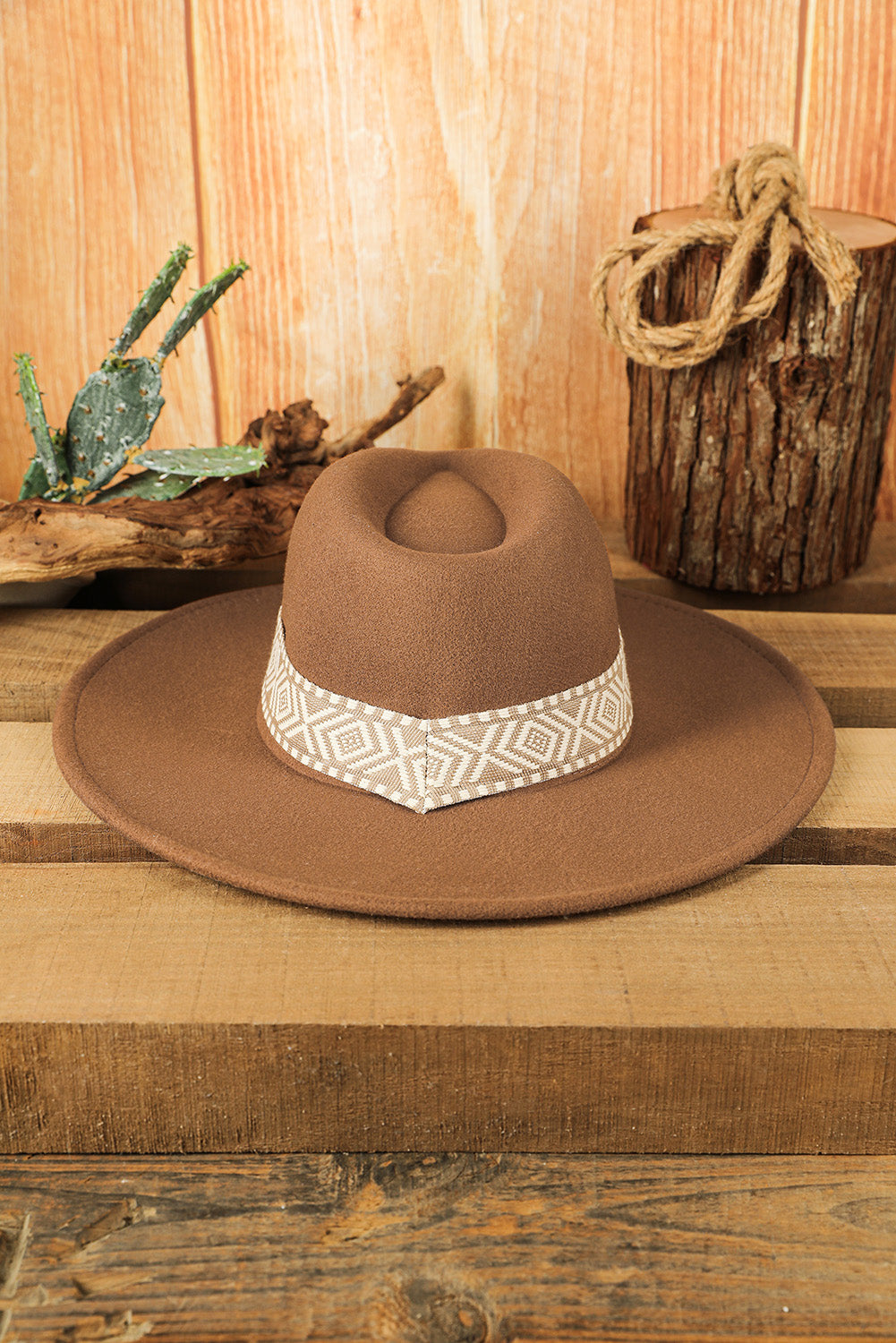 Brown Aztec Embroidery Retro Flat Fedora Hat