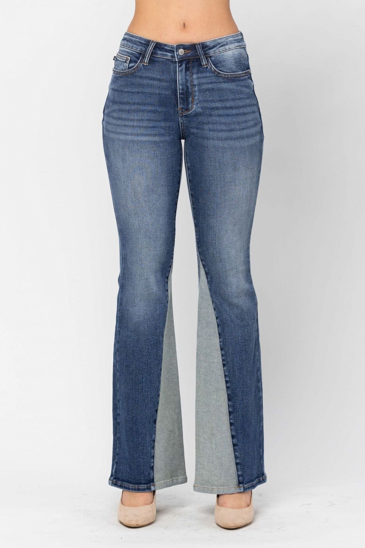 Judy Blue Mid-Rise Two Tone Panel Flare Jeans
