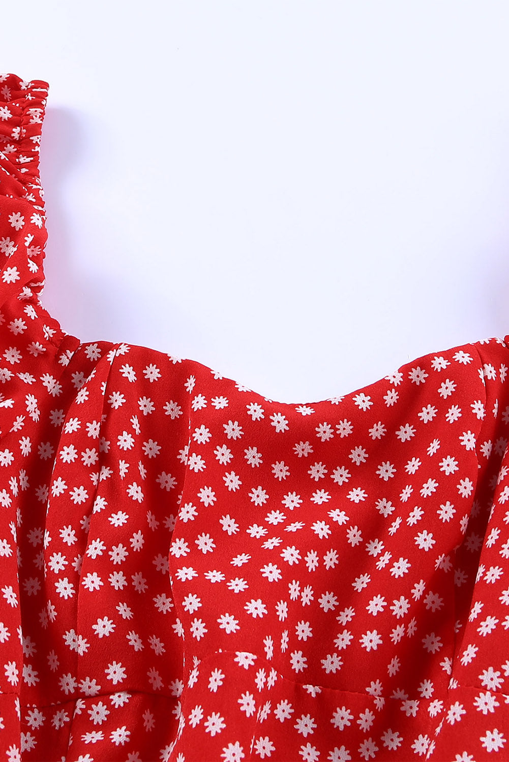 Red Daisy Print Square Neck Puff Sleeve Mini Dress