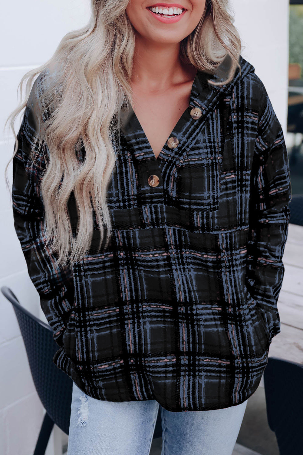 White Plaid Button Neck Pocketed Pullover Hoodie