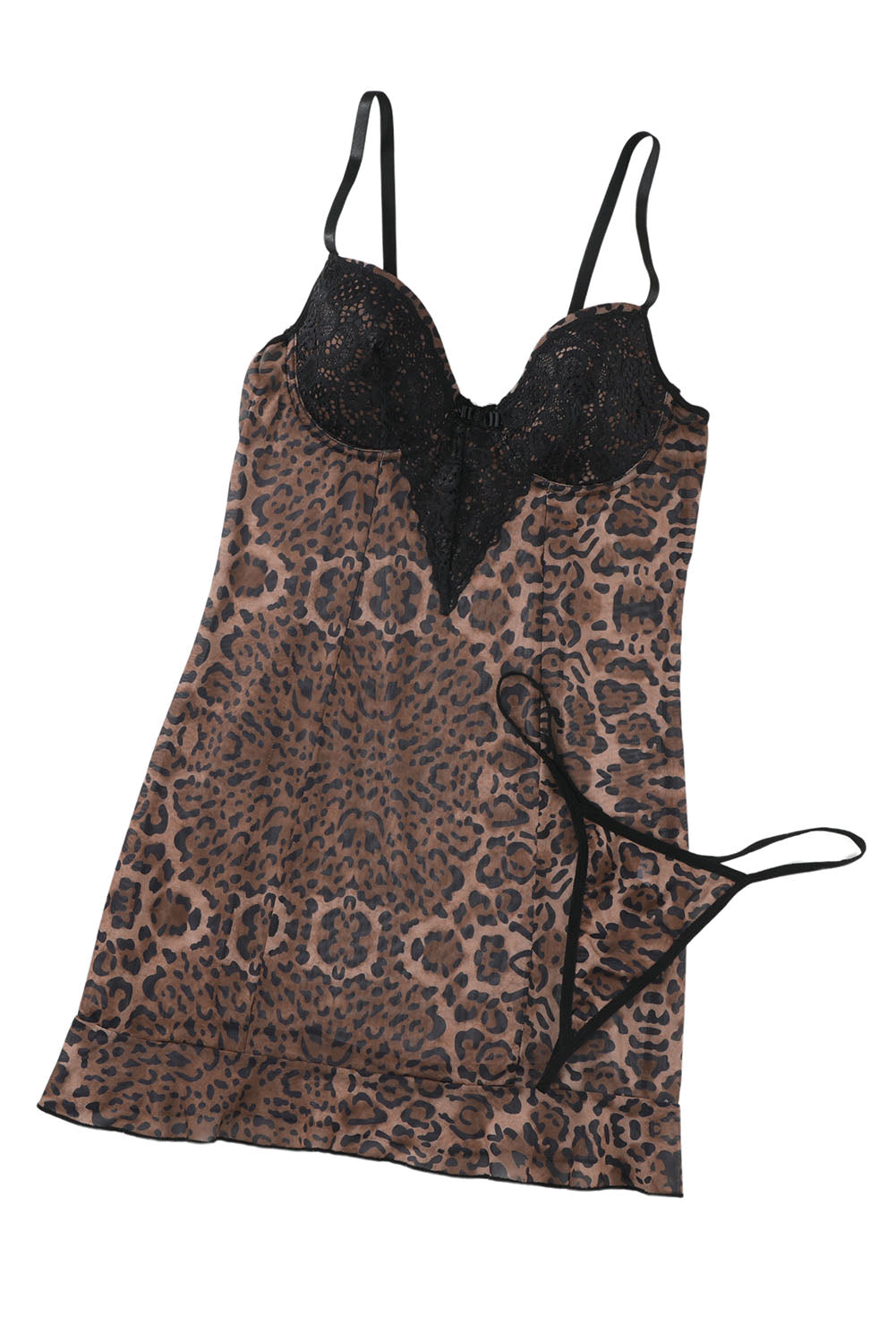 Leopard Lace Splicing Babydoll Set with Thong