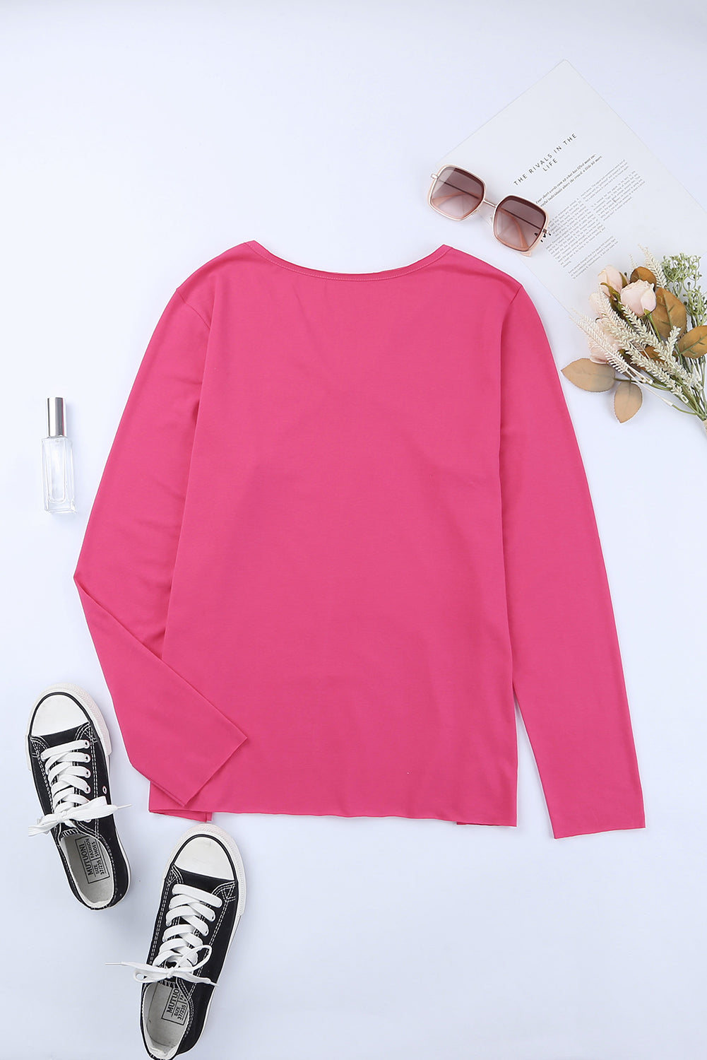 Pink V Neck Buttons Long Sleeve Top