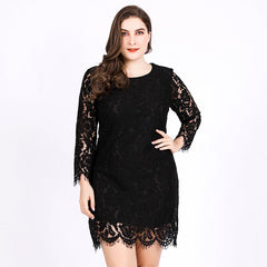 Plus Size Lace Dress Women Round Neck Crocheted Hollow Out Cutout Long Sleeve Sexy Pencil Dress
