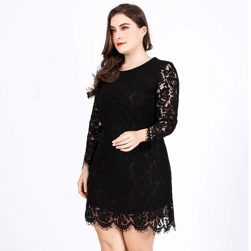 Plus Size Lace Dress Women Round Neck Crocheted Hollow Out Cutout Long Sleeve Sexy Pencil Dress