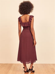 Solid Color Side Slit Cinched Mid Length Dress French Vintage Ruffled Slim Sexy Strapless Suspenders Dress