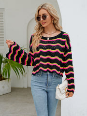Autumn Winter Women Clothing Long Sleeve Round Neck Knitted Striped Sweater Women