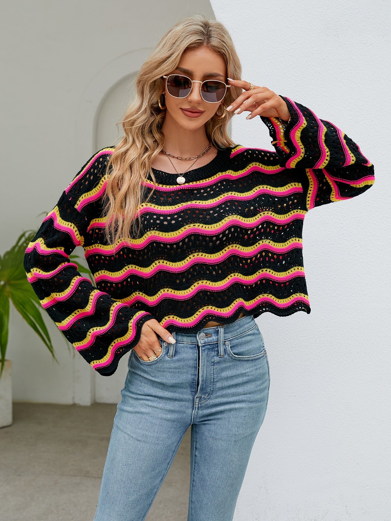 Autumn Winter Women Clothing Long Sleeve Round Neck Knitted Striped Sweater Women