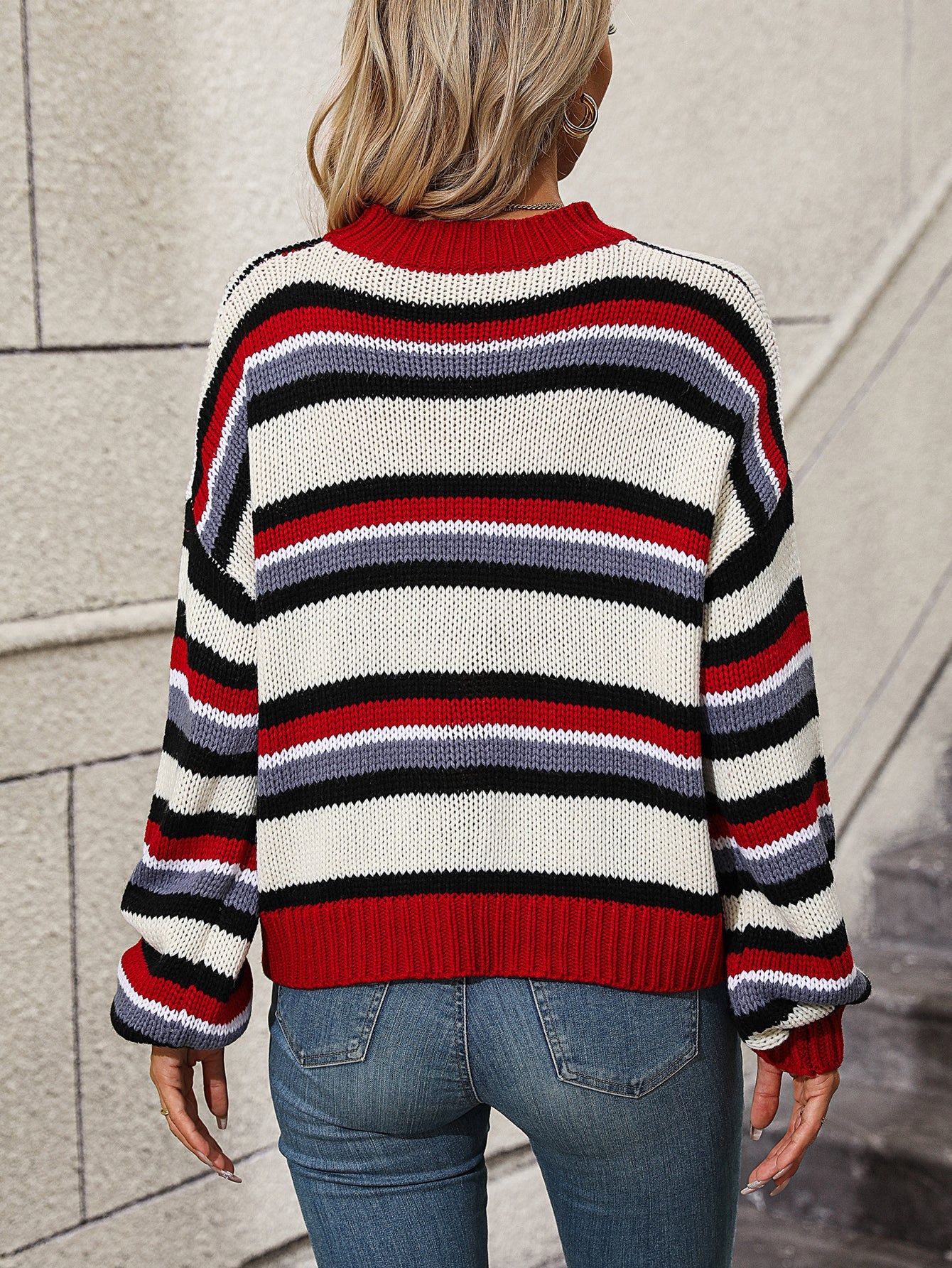 Autumn Winter Stitching Knitwear Loose Color Round Neck Striped Sweater Women