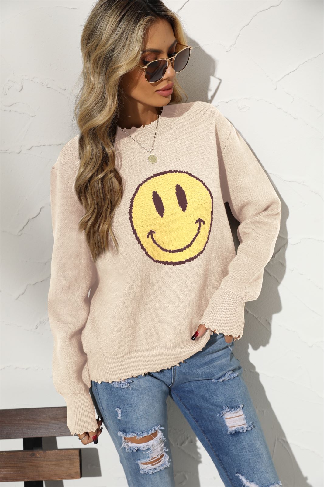 Office Cotton round Neck Loose Smiley Knitted Pullover European Women Sweater