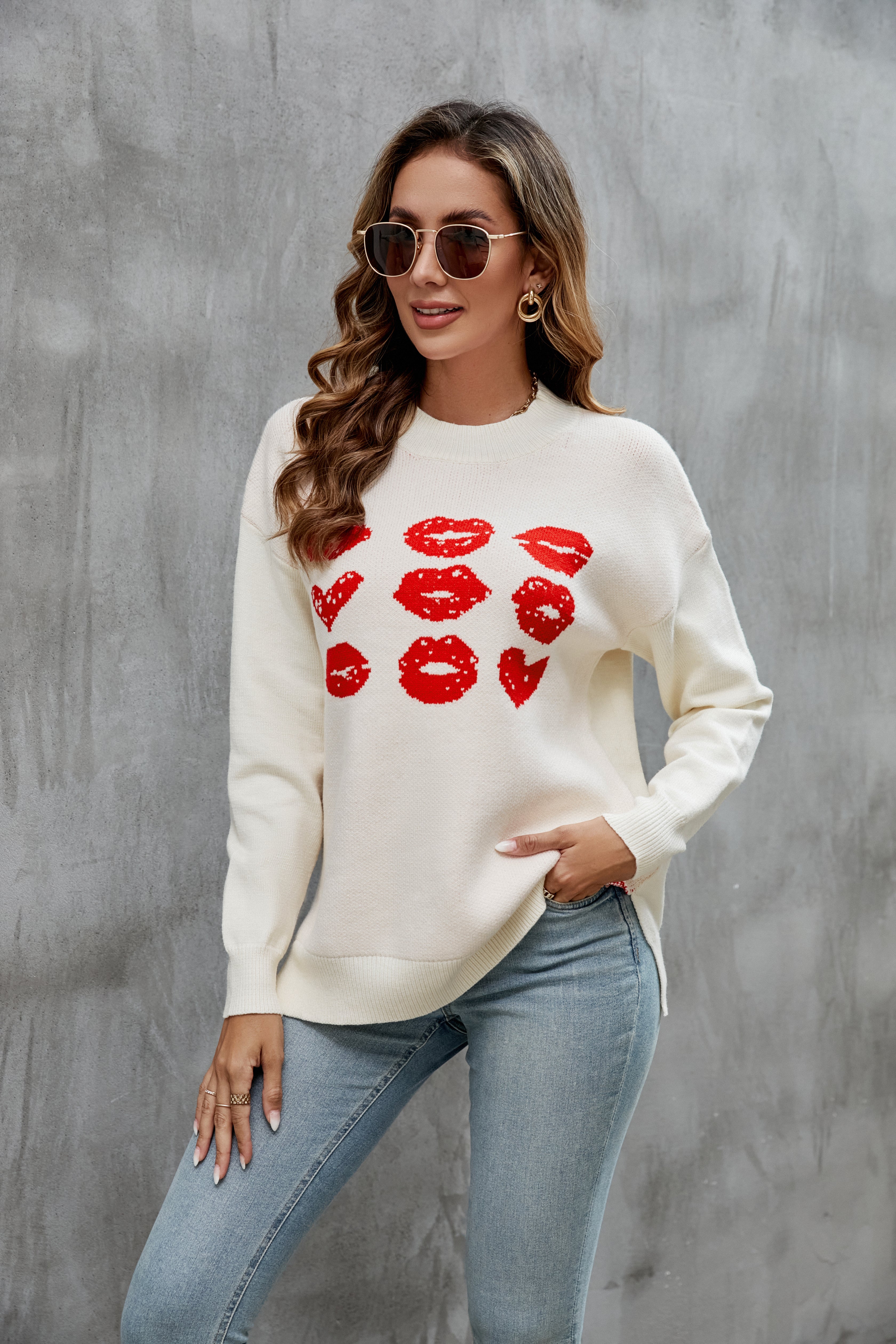 Women Clothing moeak Tidal Surge Emotion Sweater Love Pullover Lip Contrast Color Loose Sweater