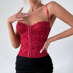 Women Clothing Sexy Solid Color Lace Sling Boning Corset Steel Ring Wrapped Chest Breasted Backless Vest