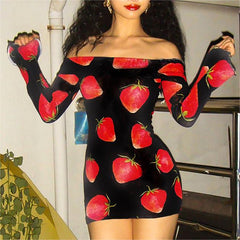 Sexy Sweet Salt Strawberry Print Short Hip Hugger Jumpsuit Off Neck Long Sleeve Women Dress Autumn