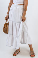 White Tiered Lace Crochet High Waist Maxi Skirt