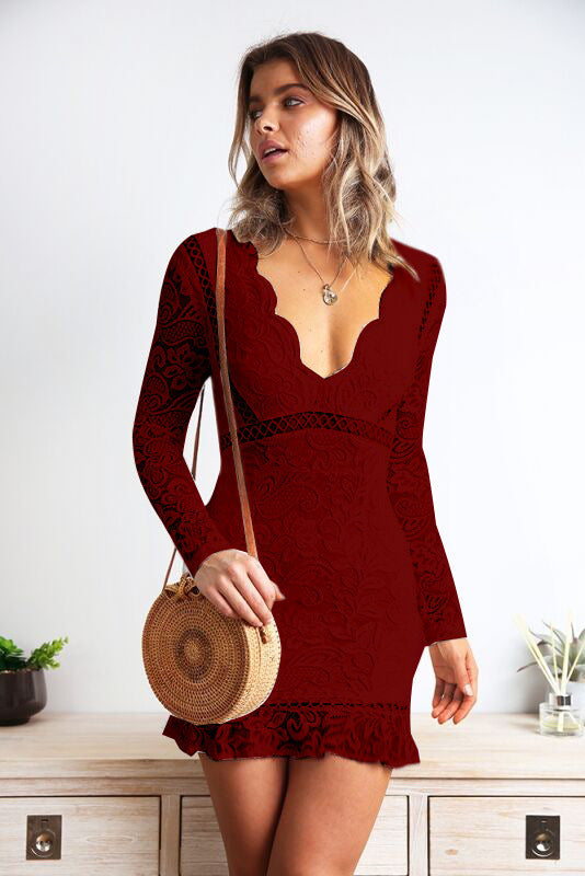 Women Lace V neck Sexy Slim Fit Slimming Dress