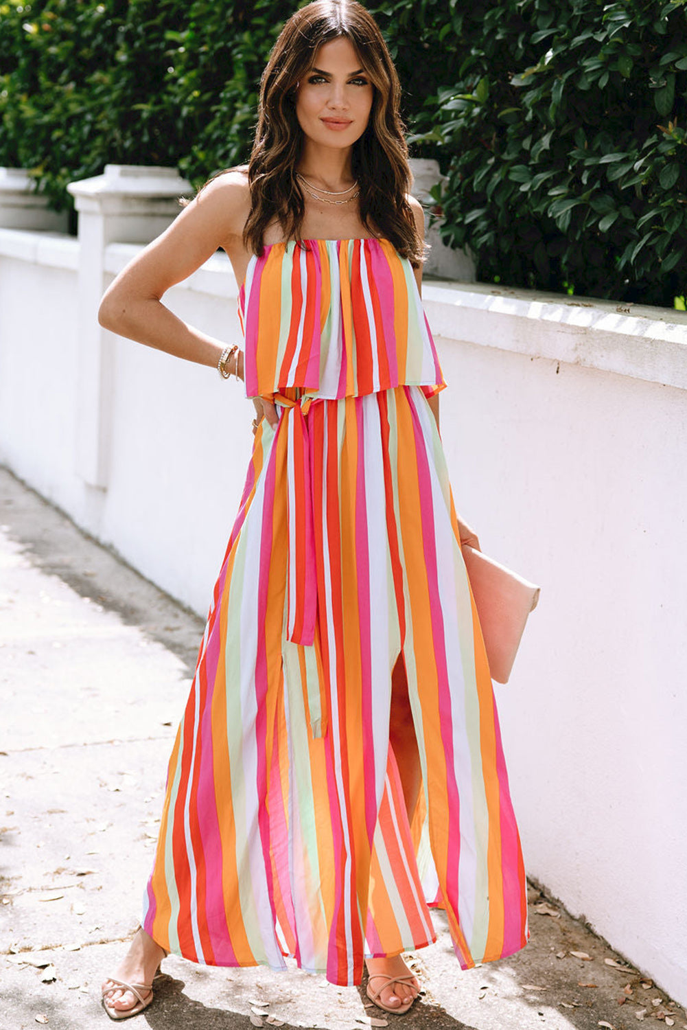 Stripe Overlay Strapless Maxi Dress with Slits