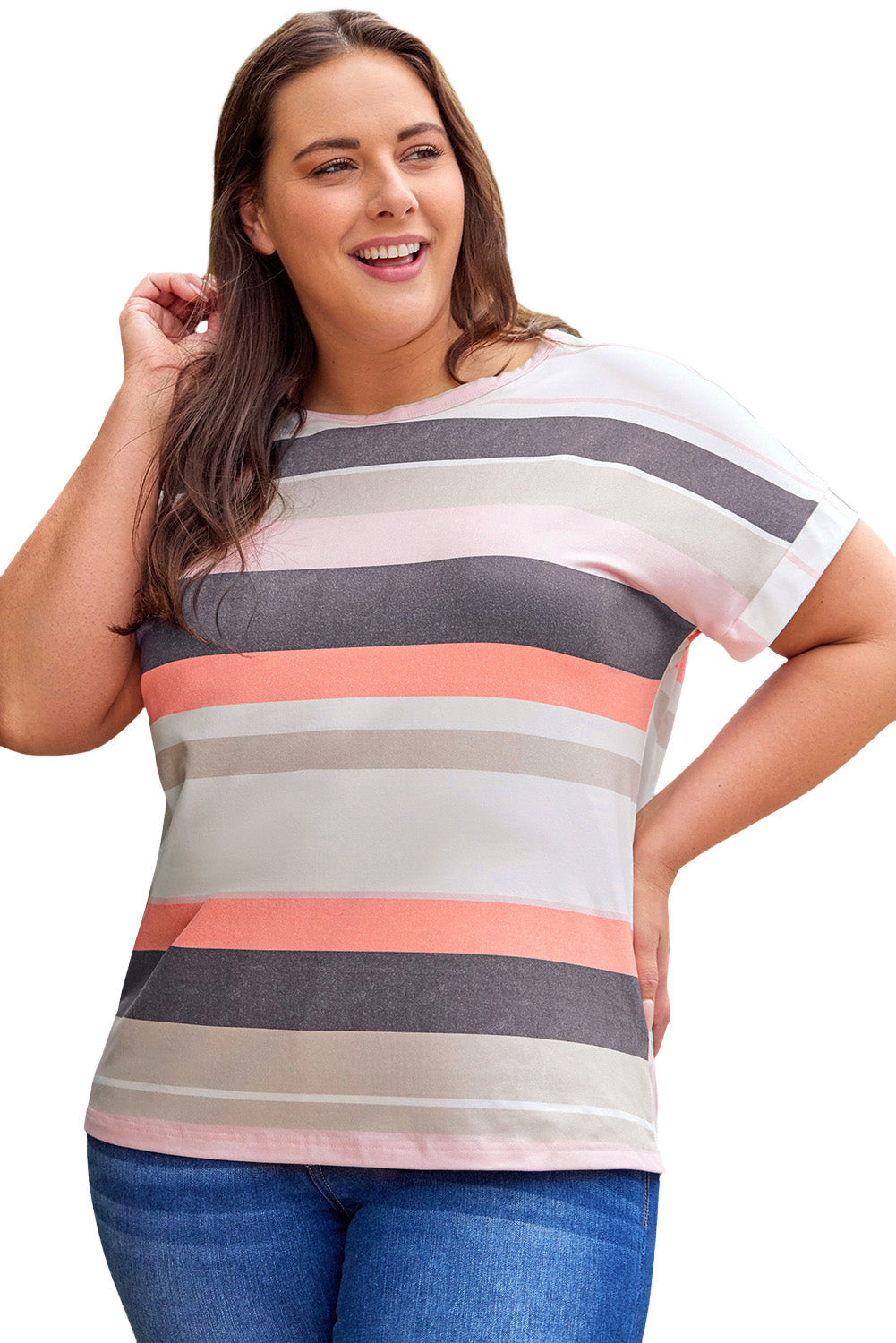 Stripe Plus Size Striped Colorblock Print T-shirt
