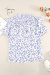 Purple Floral Print Smocked Ruffled V Neck T-shirt