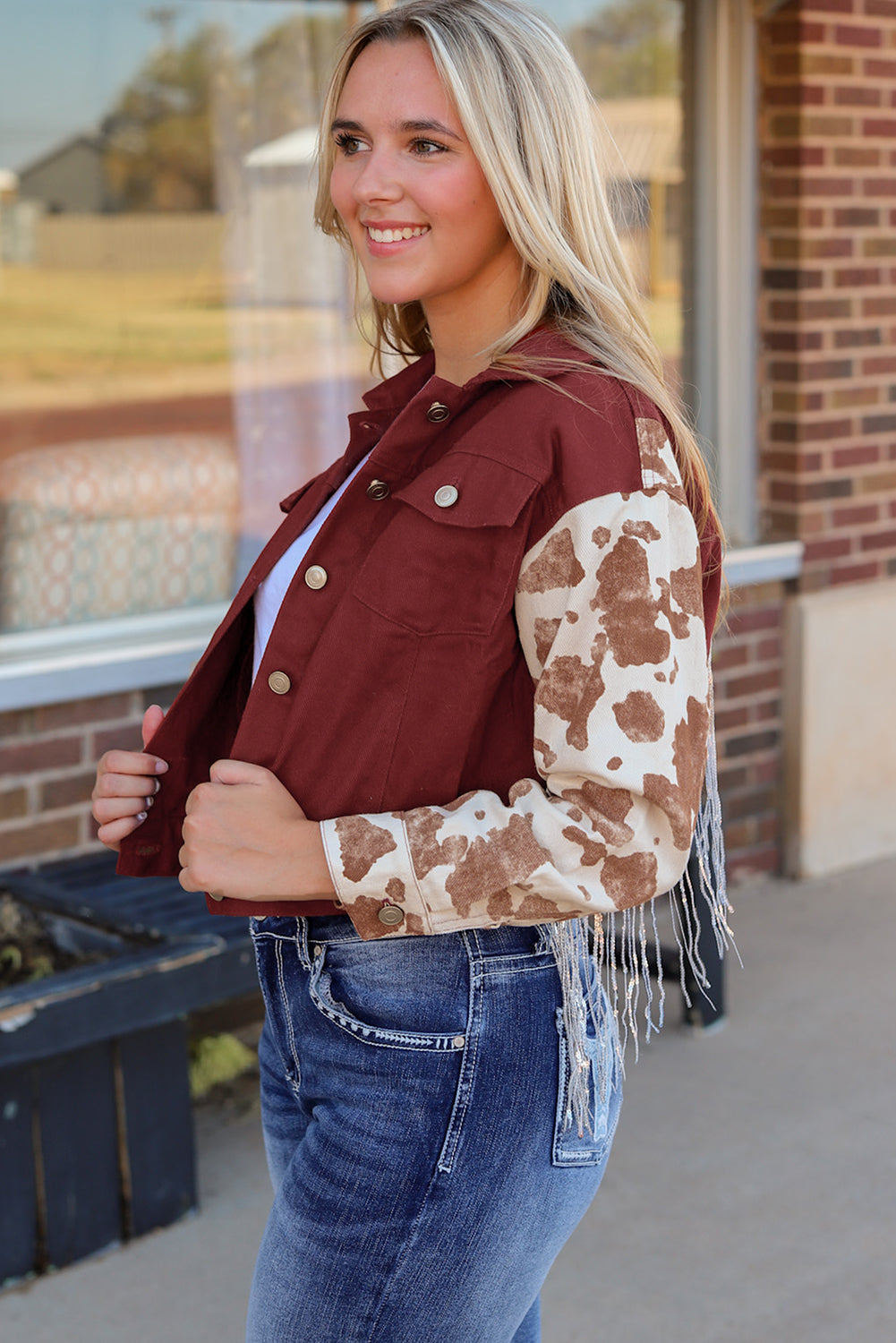 Red Abstract Print Sleeve Back Fringed Cropped Denim Jacket