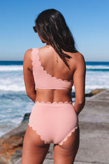 Pink High Waist Scalloped Trim One Shoulder Bikini