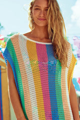 Multicolor Stripe Tasseled Crochet Beach Cover Up