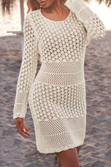 Beige Crochet Hollow-out Long Sleeve Beach Dress