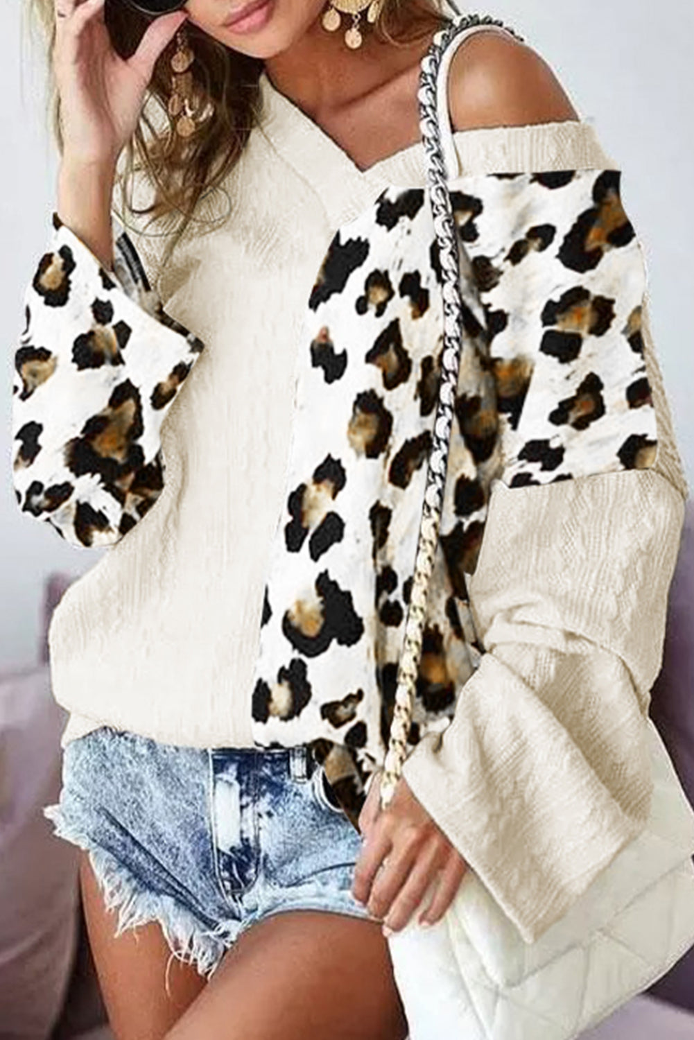 Khaki Asymmetric Leopard Patchwork Wide Sleeve V Neck Sweater