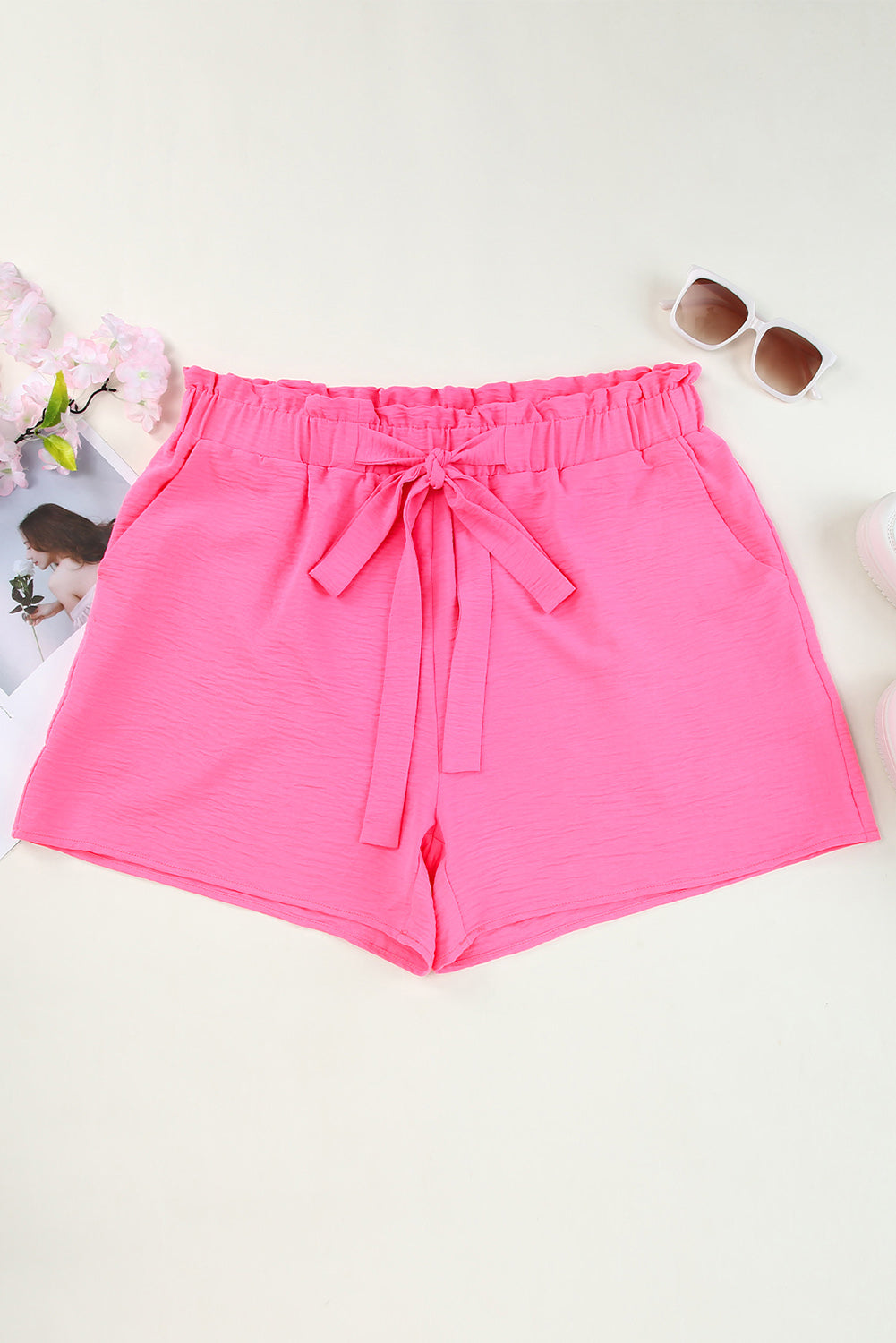 Rose Paperbag High Waist Textured Plus Size Casual Shorts