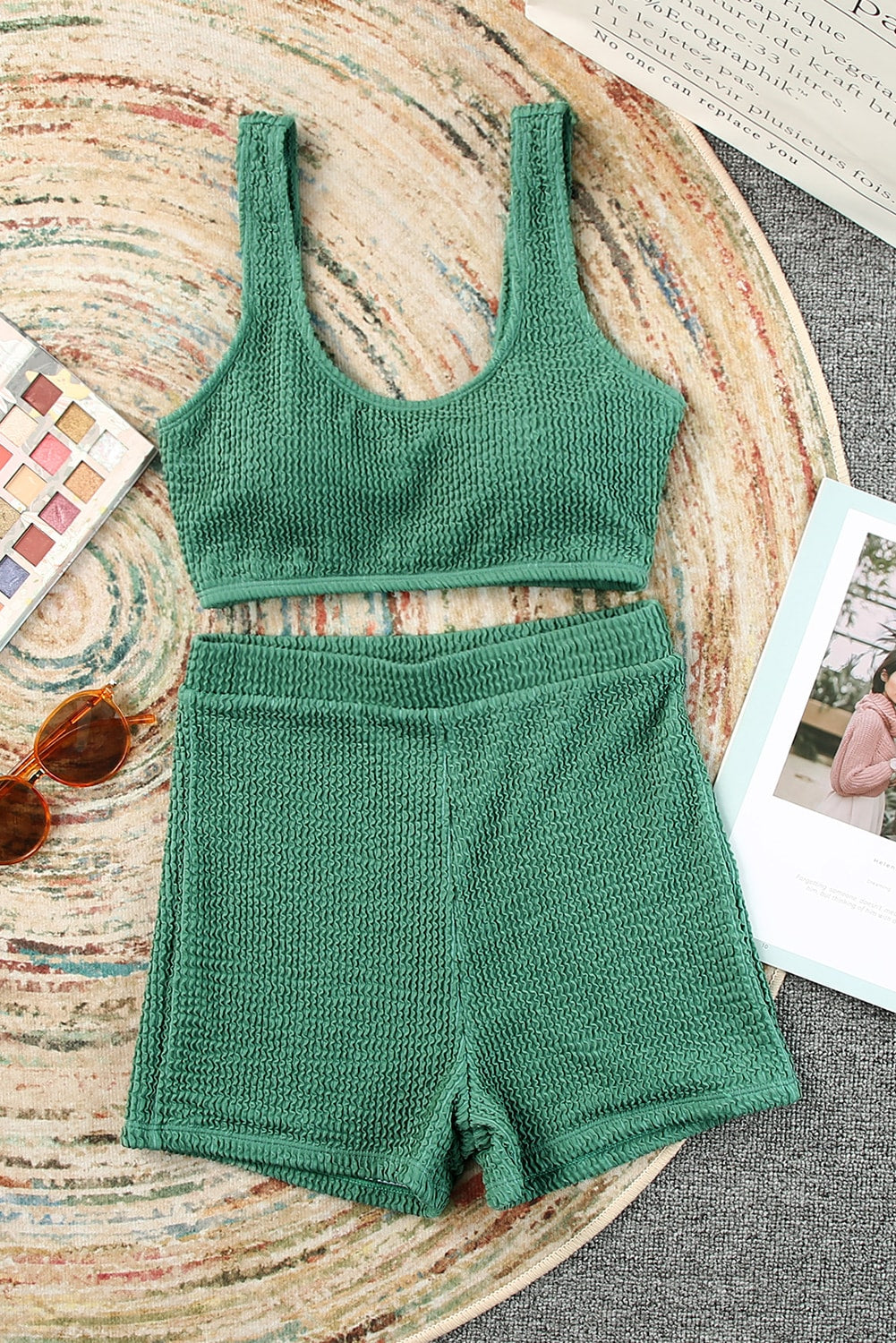 Green Active Textured Sports Bra and Shorts Set