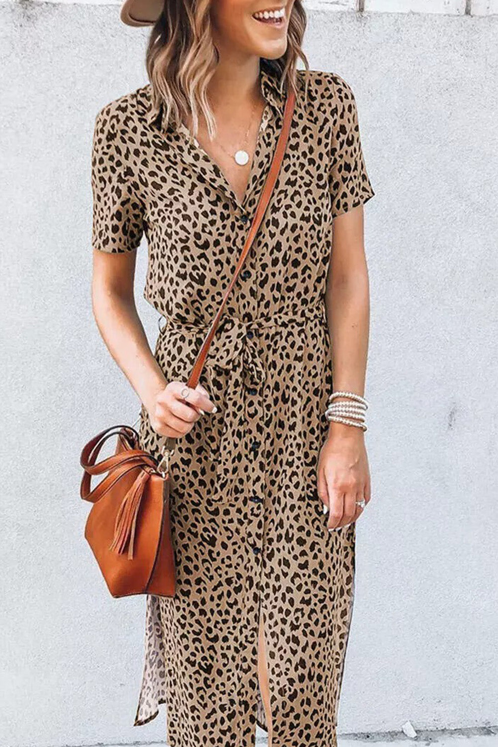 Khaki Leopard Turn-Down Collar Slit Midi Dress