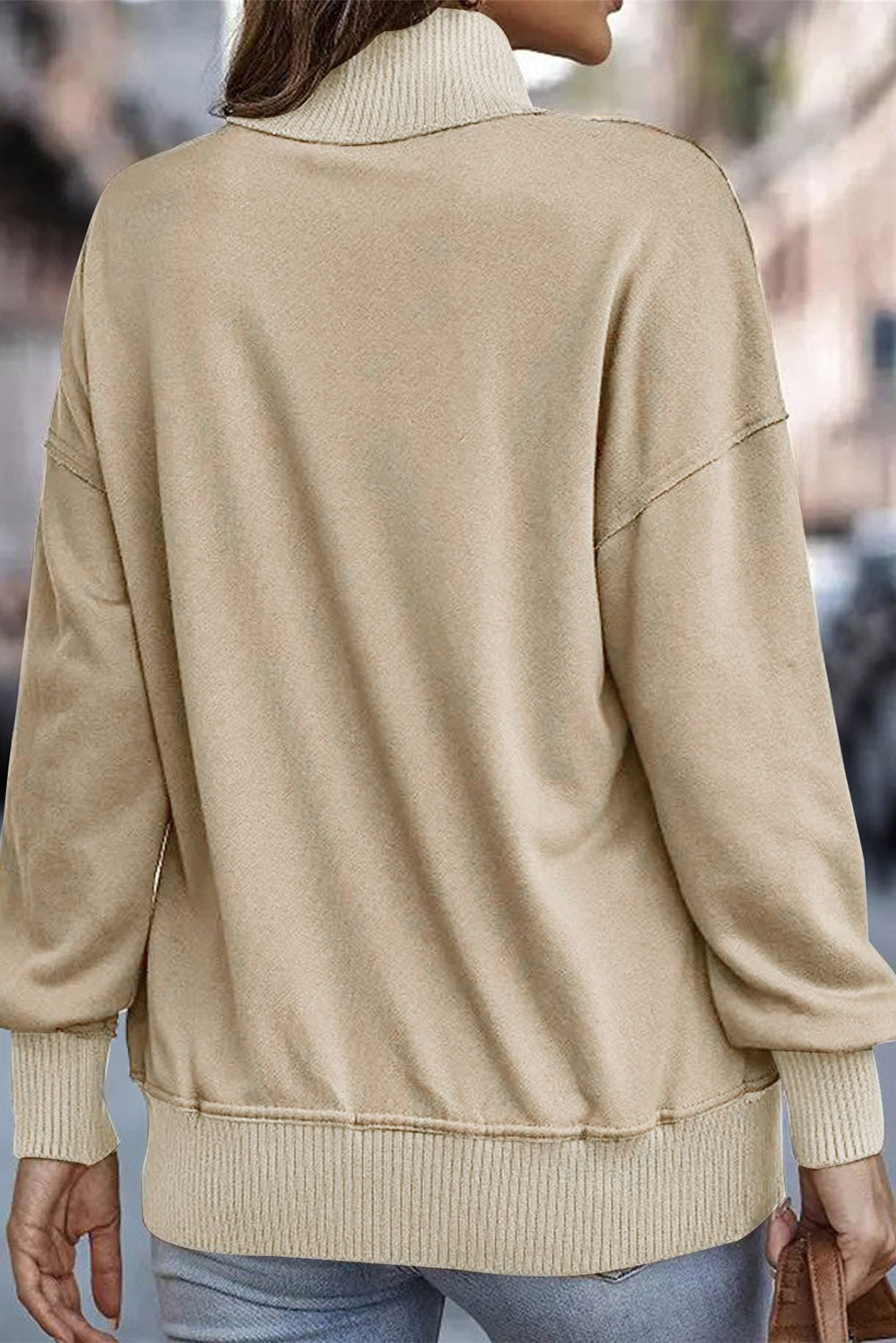 Khaki Ribbed Hem Snap Button Neckline Sweatshirt with Pocket