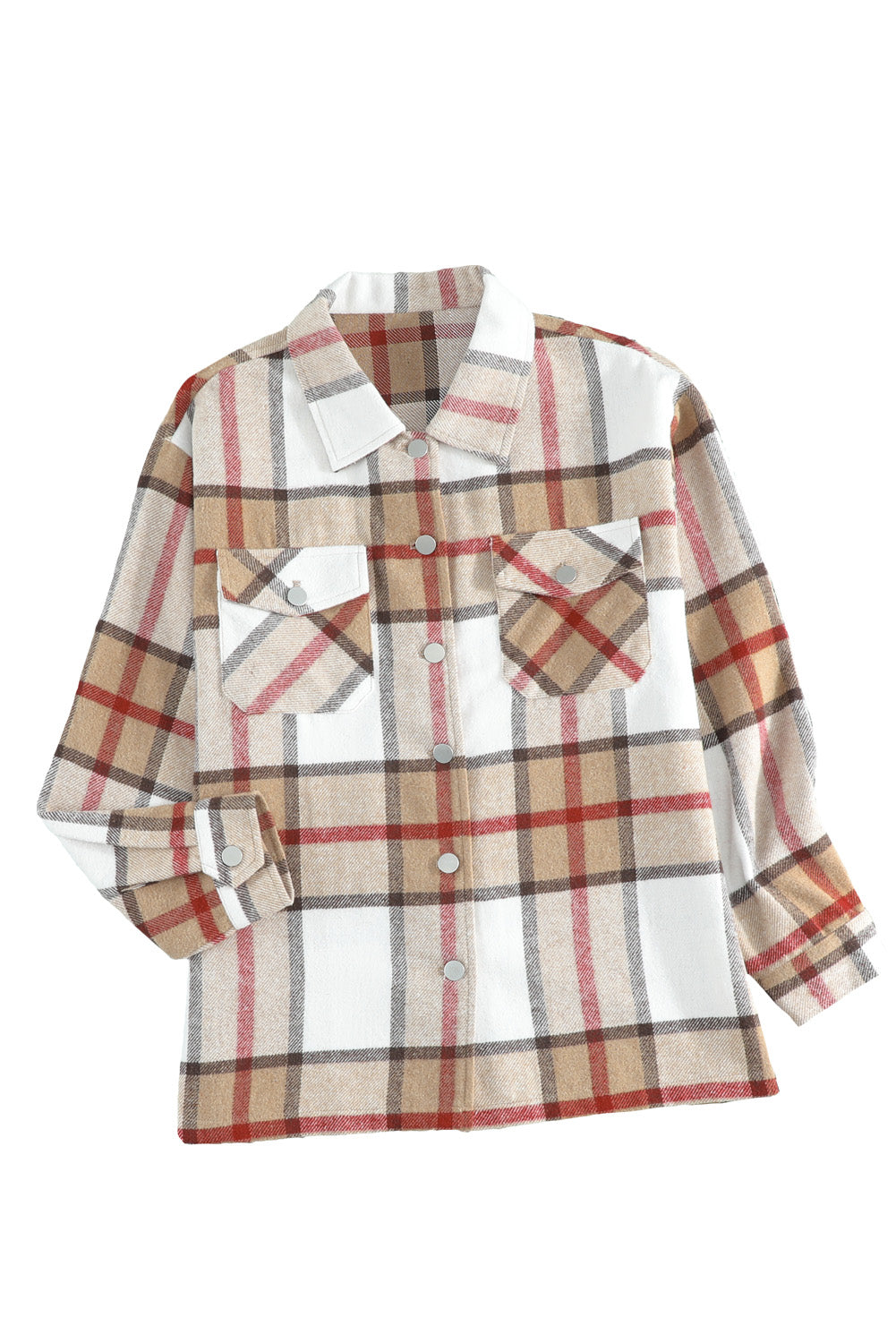 Khaki Plaid Print Buttoned Shirt Coat with Pocket