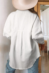 White Sequin Pockets BF Distressed Shacket