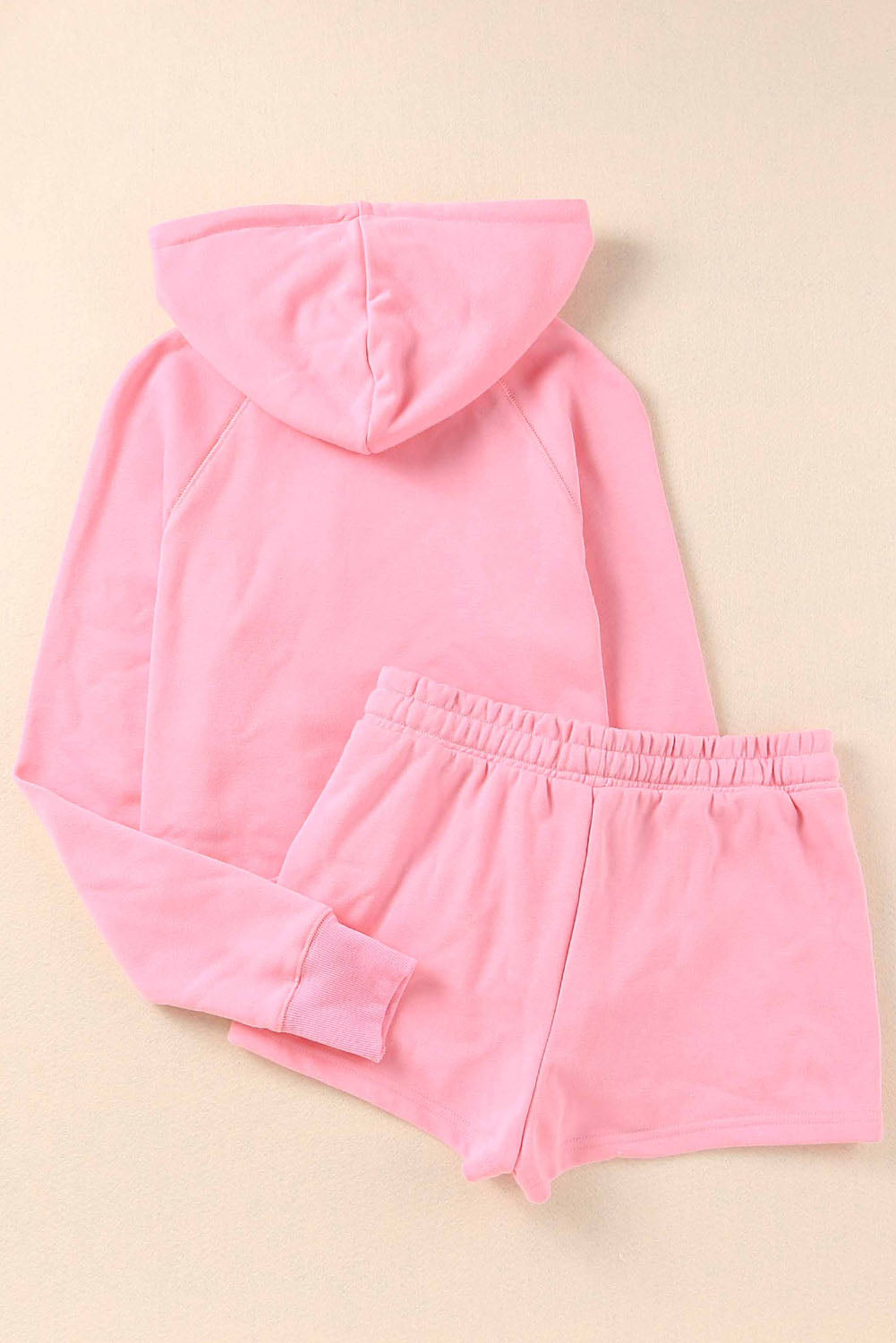 Pink Cropped Hoodie and Drawstring High Waist Shorts Set