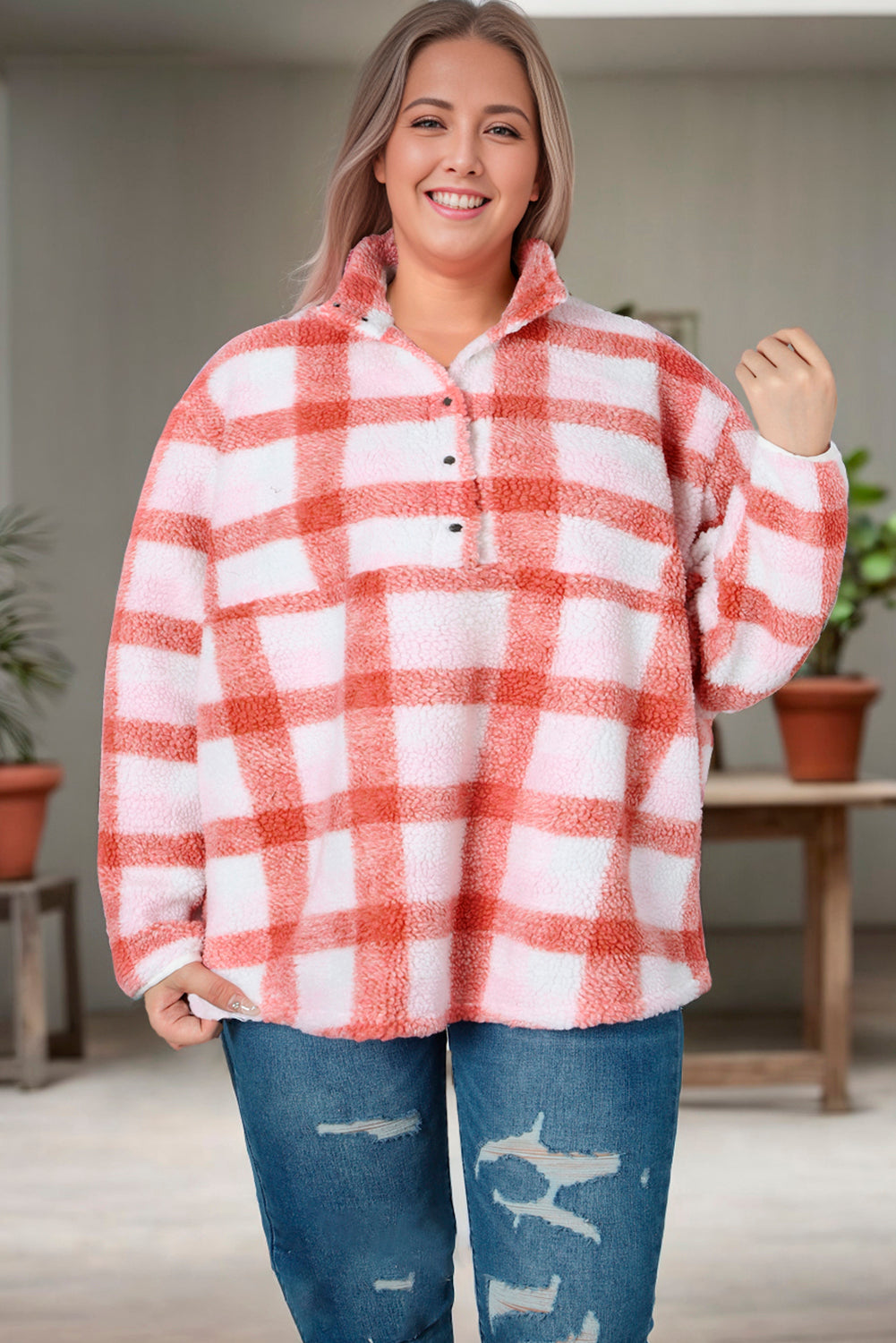 Pink Plus Size Tunic Plaid Sherpa Henley Sweatshirt