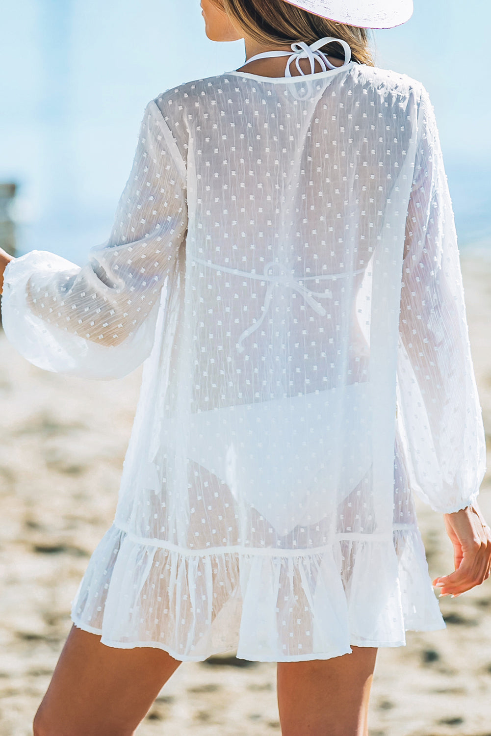 White Swiss Dot Crochet Long Sleeve Beach Cover Up