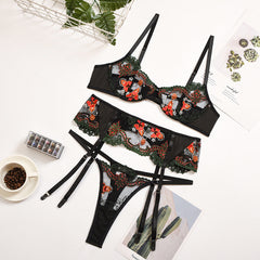 Women Clothing Classic Embroidery Complex Heavy Craft Lace Mesh Underwear Gathered Three Piece Set