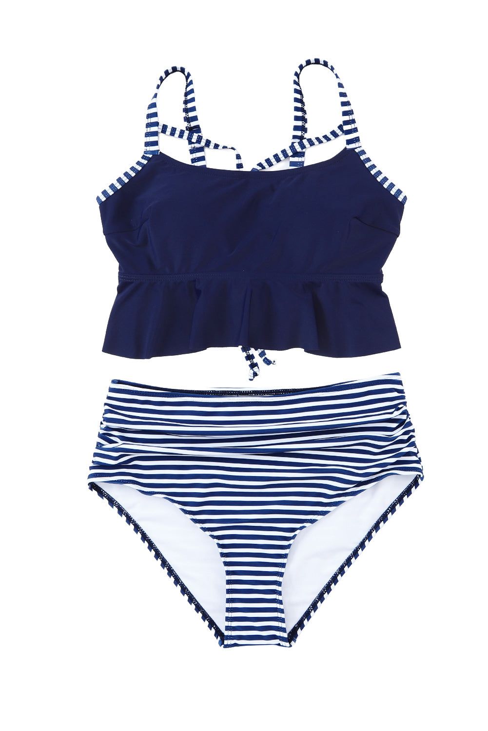 Blue Cutout Ruffle Crop Top and Striped High Waist Bikini Set